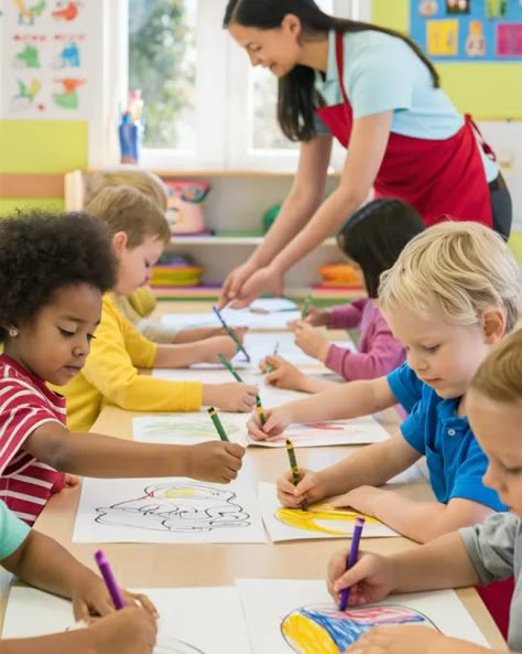 🎨✨ Embracing creativity in every stroke!   Our bubbly tots, ages 4-6, explore colors and imagination under the guidance of our caring teacher in her cheerful red apron. They're creating unique masterpieces in our bright, educational haven, illuminated by natural light. Let's nurture their talents and celebrate their joyful expressions! 🌈👩‍🎨   #EarlyChildhoodEducation #CreativeKids #BubblyTots #LearningThroughPlay #ClassroomInspiration Ingles Kids, Daughter Day, Ganpati Songs, Teacher Shortage, Red Apron, College Activities, Childcare Activities, Daughters Day, San Gabriel