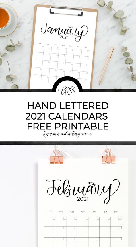 Free 2021 printable calendars featuring a hand lettered title and modern look. #freeprintable #calendars #2021 Calendar Lettering, Pretty Fonts Alphabet, Amanda Kay, Free Printable Calendars, Organization Notes, Digital Calligraphy, Faux Calligraphy, Printable Calendars, Lettering Art