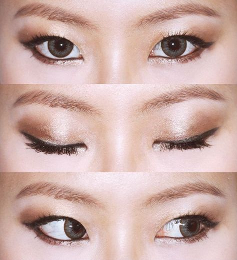 Eyeliner for mono eyelid. Eyeliner gets thicker as goes out with a small wing. This opens up the eye Mono Eyelid, Makeup Asia, Monolid Eye Makeup, Monolid Eyes, Monolid Makeup, Cute Eyeshadow Looks, Eyeshadow For Blue Eyes, Makeup Glitter, Korean Eye Makeup