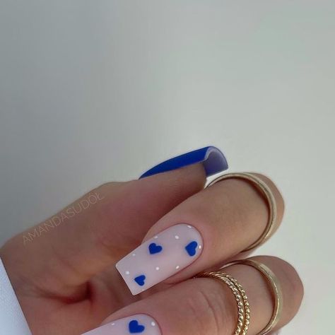 Blue Nails Heart Design, Blue Nails With Heart, Nails 2023 Acrylic, Blue Heart Nails, Nail Trends Spring, Grad Nails, Nails Girly, Hoco Nails, Girly Acrylic