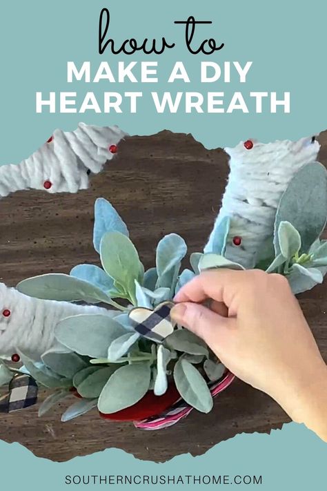 how to make a heart wreath diy using a dollar tree. mop head and felt hearts and buffalo check handkerchiefs and lambs ear greenery with decorative wooden heart stickers Diy Heart Wreath, Heart Wreath Frame, Wire Heart Wreath, Heart Wreath Form, Rope Wreath Diy, Heart Wreath Diy, Diy Valentines Day Wreath, Heart Shaped Wreaths, Diy Heart