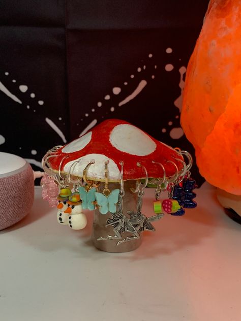 I made this about 6 weeks ago but seen other posts kinda similar recently, I thought it was an original idea ??? Mushroom Earring Holder, Mushroom Earring, Cottagecore Mushroom, Indie Room Decor, Indie Room, Earring Holder, Diy Stuff, Dream Bedroom, Room Diy