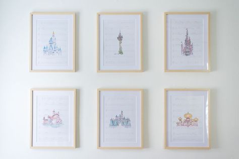 Baby girl disney nursery with disney princess castles on sheet music in wooden frames collage Girl Disney Nursery, Baby Girl Disney Nursery, Wood Focal Wall, Girls Disney Nursery, Nursery Collage, Bead Mobile, Disney Princess Nursery, Castle Nursery, Disney Themed Nursery