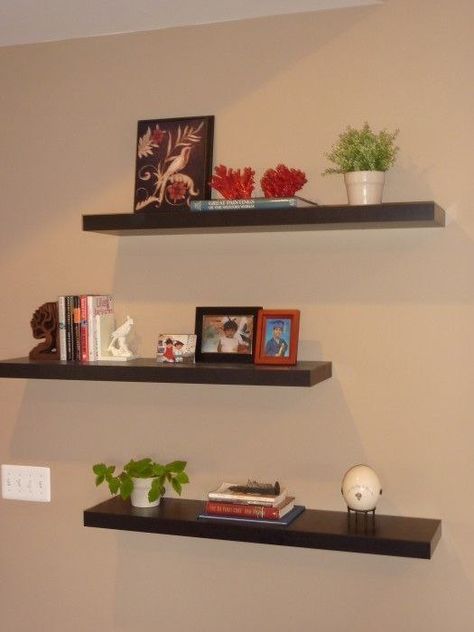 Three Floating Shelves, How To Decorate Around A Tv, 3 Floating Shelves, Floating Shelves Entertainment Center, Black Floating Shelf, Floating Shelf With Drawer, Ikea Floating Shelves, Floating Shelves Ideas, Shelf Arrangement