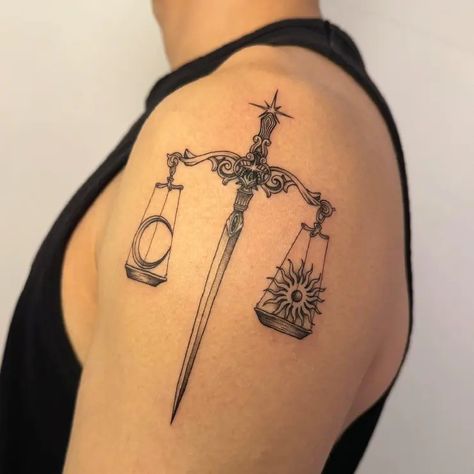 Libra Sword Dotwork Fine Line Tattoo Idea & Design on Man Shoulder Libra Sword Tattoo Done At Libra Tattoo For Men Design, Libra Scales Tattoo, Libra Scale Tattoo Design, Masculine Libra Tattoo, Libra Tattoo Scales, Libra Tattoo For Men, Libra Scale Tattoo For Men, Libra Tattoo, Scale Tattoo