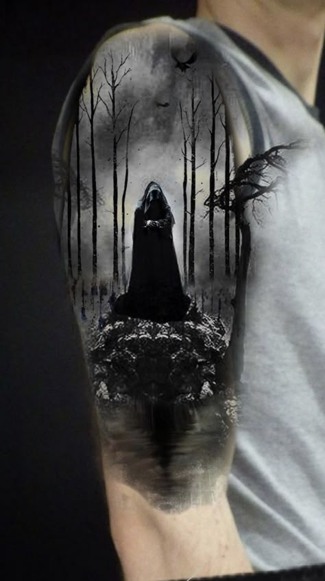 Red Riding Hood Tattoo, Dark Tatoos, Tattoo Homme, Skull Sleeve Tattoos, Reaper Tattoo, Scary Tattoos, Forest Tattoos, Warrior Tattoos, Horror Tattoo