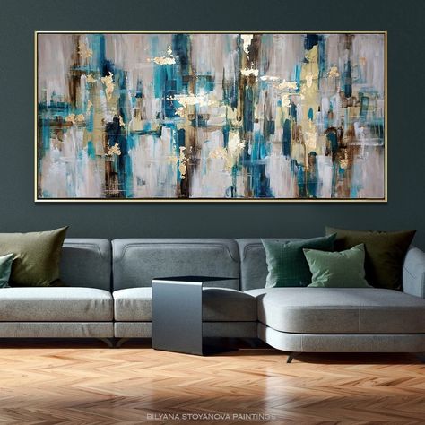 Teal Grey Living Room, Business Painting, Turquoise Living Room Decor, Glam Office, Living Room Turquoise, Teal Living Rooms, Gold Living, Room Styling, Gold Abstract Painting