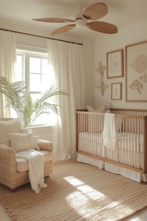 Sea Breeze Baby Room Unisex Ocean Nursery, Beach Cottage Nursery, Organic Nursery Ideas, British Colonial Nursery, Gender Neutral Beach Nursery, Neutral Nursery Room Inspiration, Gender Neutral Ocean Themed Nursery, Nursery Ideas Rental Home, Baby Girl Nursery Beach Theme