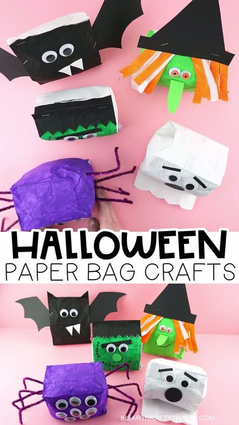 Paper Bag Halloween Crafts -Cute Paper Bag Witch, Bat, Frankenstein, Spider and Ghost! Kids will have a blast making these Halloween paper bag crafts! Fun and easy Halloween craft for kids. #iheartcraftythings Paper Bag Halloween Crafts, Halloween Paper Bags Crafts, Halloween Paper Bags, Senior Homecoming, Moldes Halloween, Halloween Crafts Preschool, Ghost Crafts, Paper Bag Crafts, Spider Crafts