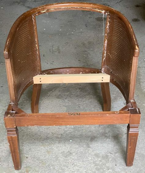 Reupholstering a Barrel Cane Chair- Part 1: - A Well Purposed Woman Cane Barrel Chair, Cane Chair Redo, Reupholster Chair Dining, Chair Redo, Bucket Chairs, Chair Parts, Reupholster Chair, Reupholster Furniture, Caster Chairs