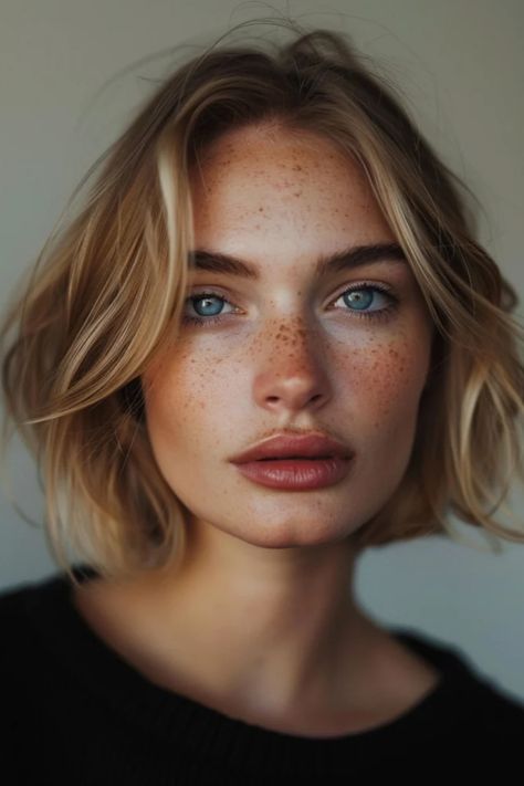 Portrait of a woman with short blonde hair, freckles, and blue eyes, wearing a black top. 90s Short Bob, Chic Bob Hairstyles, Modern Hair Salon, Curly Hairstyles Ponytail, Women Wavy Hair, Bob Hairstyles Curly, Braids Short Hairstyles, Cut Short Hairstyles, Wolf Cut Short