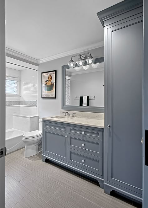 Blue gray footed custom cabinetry with floor to ceiling linen closet - Kenilworth Bathroom Remodel #bluevanity #grayvanity #linencloset #graybathroom #custombathroom #customvanity Blue Gray Bathroom, Home Depot Bathroom, Grey Bathroom Vanity, Gray Bathroom, Bad Inspiration, Gray Cabinets, Bathroom Redesign, Bathroom Remodel Designs, Bathroom Remodel Shower