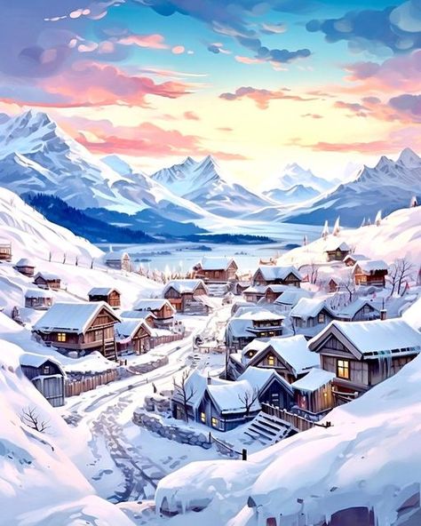 Nick - Digital AI art on Instagram: "As real snow is coming tomorrow here in Canada, here are some lost snowy villages in winter wonderland at dawn. @iguana_nick - #wintervillage #snowylandscape #winterwonderland #snowymountains #landscape #animelandscape #digitalart #aiartcommunity #artoftheday #digitalartist #colorfulart #animeart #aiartwork #aiillustration #poeticart #digitalillustration #realisticart #animescene #retroaesthetic #ghiblistudio #midjourney #midjourneyart #skyart #landscapeillustration #photoshop #lofi #cozyart #pastelart #Villagelife #artgallery" Snow Town Fantasy Art, Snowy Mountain Village Fantasy Art, Ice Village Fantasy Art, Igloo Village, Anime Snow, Town Drawing, Environment References, Anime Land, Snowy Village