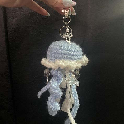 Handmade crochet jellyfish charm for bag or keys... - Depop Jellyfish Crochet Tutorial, Crochet Jellyfish Bag, Crochet Jellyfish Keychain, Crochet Trinkets, Jellyfish Charm, Hanging Jellyfish, Fav Animal, Crochet Jellyfish, Quick Crochet Projects