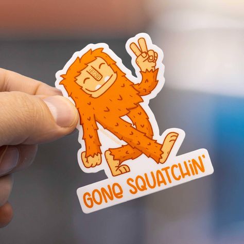 Get ready to hit the trails with this "Gone Squatchin'" Bigfoot Sticker! Perfect for anyone who loves getting out in nature and searching for the legendary bigfoot. This quirky sticker will add some fun to your outdoor gear. Don't go squatchin' without it! Details: * Size: 3.5" Wide * Matte Sticker * Water-resistant Illustrations and designs © Jason Heglund/Hi, Hello There Bigfoot Cartoon, Bigfoot Sticker, Laptop Decal, Some Fun