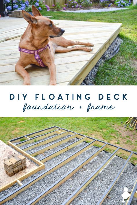 How to build a DIY floating deck (aka ground level deck) that is on a slope and partially over concrete - SO MUCH covered in what you need to know! The foundation and framing are the most important part: ground contact lumber, how to deal with a sloping yard, how to drill through concrete, how to keep water out and prevent wood rot, and so much more. #diy #deck #floatingdeck #groundlevel #construction #woodworking #outdoor #build #deckdesign #groundleveldeck #foundation #framing #uglyducklinghou Diy Floating Deck, Deck Foundation, Ground Level Deck, Building A Floating Deck, Laying Decking, Floating Deck, Deck Construction, Deck Projects, Building A Fence