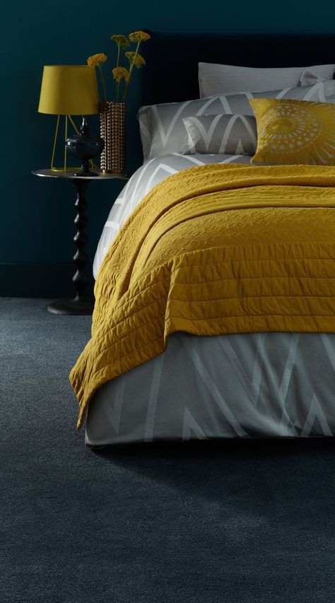 Coloured Carpet, Mustard Bedroom, Grey Carpet Bedroom, Yellow Bedroom Decor, Yellow Bedding, Dark Bedroom, Carpet Bedroom, Yellow Bedroom, Blue Carpet