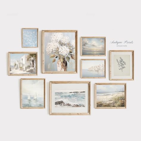 Muted Set of 9 Coastal Prints, Vintage Light Blue Aesthetic Gallery Wall Set, Beach Painting, Summer Decor, Seascape 9 Wall Art - PRINTABLE #1215 This beautiful vintage gallery wall set is an instant and printable digital download for your home decor. A perfect painting set from 1800's to hang as kitchen decor, living room print or bedroom wall art. The neutral tones are perfectly compatible with a stylish and modern interior and create a beautiful trend look for your home.  We offer a free resi Southern Wall Art Home Decor, Cute Beach Decor, Wall Decor Pictures Collage, Coastal Wall Prints, Light Blue Office Walls, Wall Decor Inspo Bedroom, Beach Aesthetic Decor, Neutral Wall Collage, Framed Wall Art Bedroom