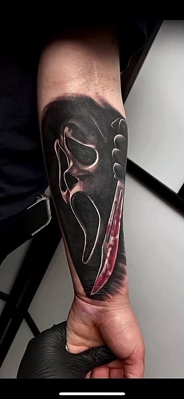 Men Horror Tattoo, Scream Forearm Tattoo, Horror Wrist Tattoo, Ghostface Forearm Tattoo, Ghost Face Forearm Tattoo, Ghost Face Leg Tattoo, Ghostface Arm Tattoo, Scream Neck Tattoo, Michael Myers Sleeve Tattoo