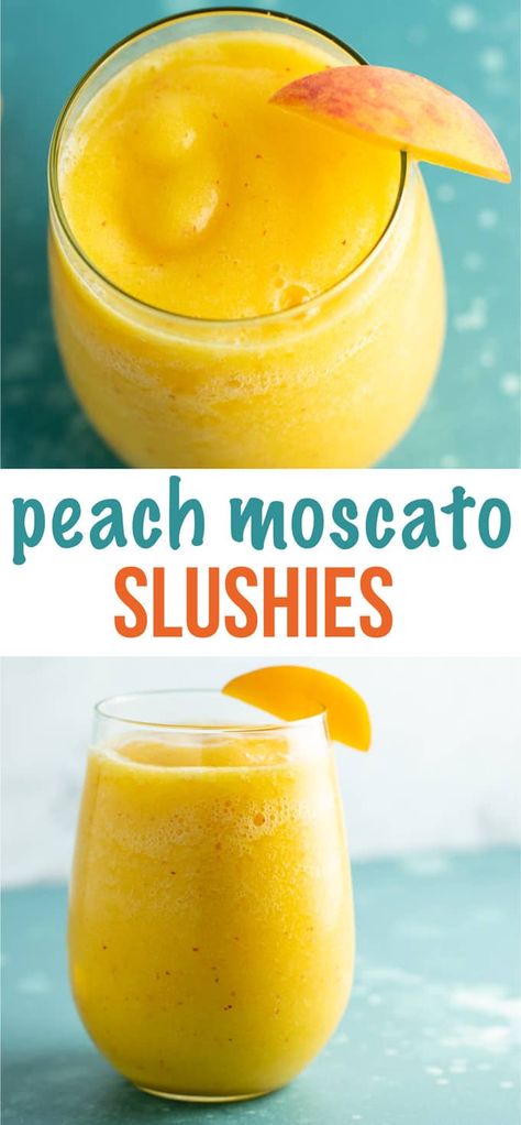 Moscato Drinks, Peach Moscato, Wine Slushie Recipe, Alcoholic Treats, Breakfast Cocktails, Frozen Peaches, Alcohol Beverages, Slushie Recipe, Smoothie Ideas