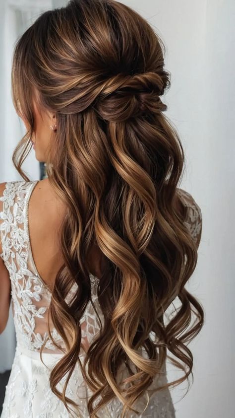 Bridal Hair Ideas With Veil Half Up, Bridal Half Up Half Down With Headband, Bridal Half Up Braid, Wedding Hair With Veil Medium Length, Half Up Bridal Hair With Veil Long Curls, Bridal Partial Updo, Wedding Hair For Lace Dress, Medium Length Wedding Hairstyles Down, Bridal Hair Half Up With Veil Brunette