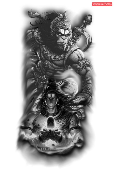 Shivji Tattoo On Hand, Shiv Hanuman Tattoo, Shiva And Hanuman Tattoo, Hanuman And Shiva Together Tattoo, Hanuman Shiva Tattoo, Shivji Tattoo Design, Angry Lord Shiva Tattoo Design, Hanuman Tattoo Designs For Men, Hanuman Ji Tattoo Design