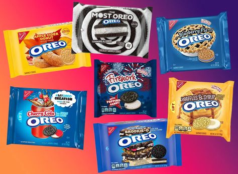 Oreo continuously launches new cookies, so we rounded up some of the brand's most attention-grabbing flavors. Weird Oreo Flavors, Oreo Cookie Flavors, Weird Snacks, Sweet Popcorn, Cinnamon Candy, Cotton Candy Flavoring, Chocolate Peanut Butter Pie, Oreo Flavors, Salted Caramel Brownies