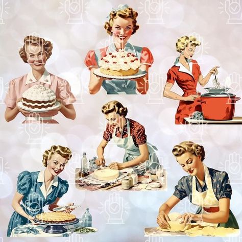 Retro Housewife Aesthetic, 50s Aesthetic Art, 1950s Housewife Aesthetic, 1960s Housewife, Housewife Aesthetic, Retro Drawings, Vintage Homemaker, 1940s Kitchen, 1950s Housewife