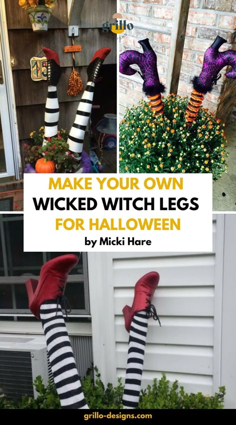 looking for the best halloween decoration for your home? Look no further! These amazing wicked witch legs are one of the best Halloween decorations there is- easy to make and great fun- get the step by step tutorial at grillo-designs.com #halloween #halloweendecorations Diy Witch Feet Decor, Witches Legs Decorations Diy, Witch Feet Decor, Diy Witch Legs And Shoes, Witch Legs Decor, Upside Down Witch Legs Diy, Witches Feet Decor, Witch Legs In Cauldron, Witches Legs Decorations