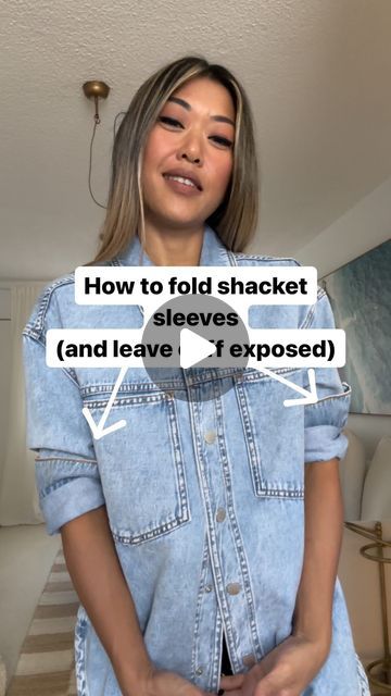 How to Rock the Denim Shacket: Funky Ways to Fold Sleeves & Show Off Those Cuffs! ⬇️✨ 1. Fold the sleeve so that the cuff is above your elbow. 2. Fold the bottom half of the sleeve up to the bottom of the cuff 3. Repeat step 2 until the final fold sits above the elbow. 4. Pull the top part of the sleeve up and adjust the gathered fabric above the cuff for a ruched look. Shacket is from @dluxebasics called the Cindy denim shacket. #DenimStyle #CuffGameStrong How To Fold Denim Jacket Sleeves, Fitted Shirt With Cuffed Sleeves And Fold Down Collar, Button-up Shirt With Cuffed Sleeves For Day Out, Trendy Shacket With Button Cuffs, Spring Shirt With Cuffed Sleeves And Fold-down Collar, Denim Shacket, Denim Shacket Outfit, How To Fold Jeans, Chic Long-sleeved Shacket With Flap Pockets