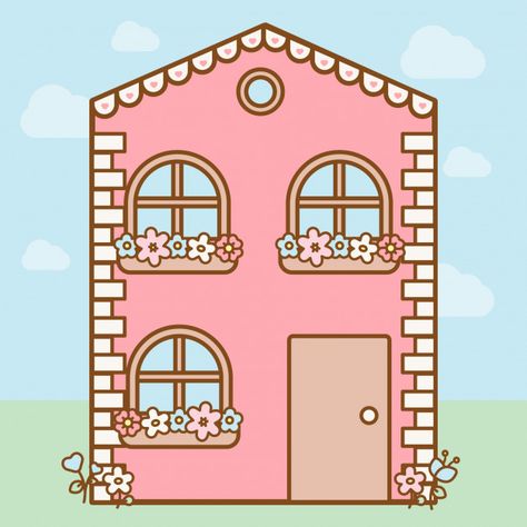 Cute pink kawaii house Premium Vector | Premium Vector #Freepik #vector #flower #flowers #house #cartoon Pink House Illustration, Pink House Drawing, Kawaii House Drawing, Casa Dibujo Aesthetic, Chibi House, Contact Pics, Kawaii House, Simple House Drawing, Kawaii Vector