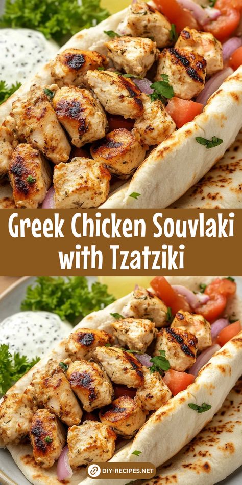 Make Greek Chicken Souvlaki with homemade tzatziki! This recipe is bursting with flavor, from the marinated chicken to the fresh veggies and pitta bread. Verenika Recipe, Chicken Pittas, Souvlaki Wrap, Greek Veggies, Chicken Pilau, Souvlaki Chicken, Chicken Souvlaki Recipe, Greek Souvlaki, Greek Chicken Souvlaki