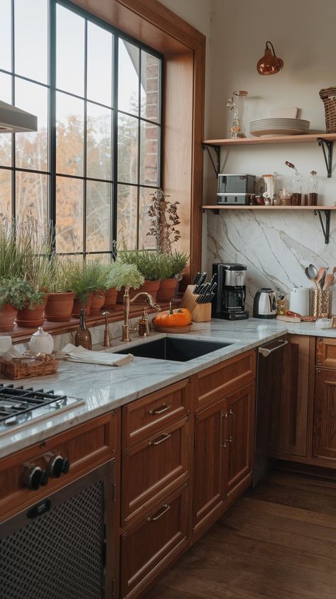 Cozy Earthy Kitchen, Earthy Kitchen Design, Warm Cozy Kitchen, Kitchen With A View, Earthy Kitchen, View Of Nature, Cozy Kitchen, Favorite Comfort Food, Room Decorations