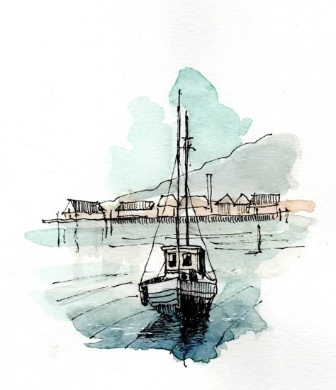 Peaceful Drawing, Boat Sketch, Boat Drawing, Watercolor Art Landscape, Sketchbook Illustration, Watercolor Architecture, Watercolour Inspiration, Pen And Watercolor, Ink Sketch