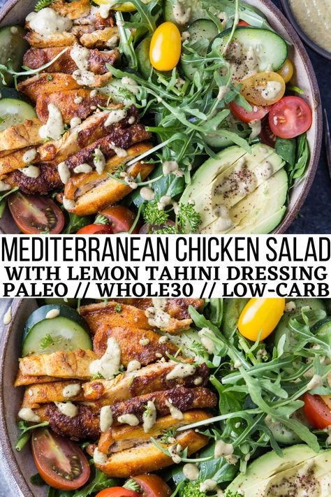 Lemon Herb Tahini Dressing, Tahini Chicken Recipe, Whole 30 Salads, Mediterranean Chicken Salad, Chicken Mediterranean, Roasted Chicken Salad, Keto Dinner Recipe, Nutritious Dinner, Creamy Salad Dressing