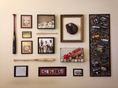 Baseball collage. Wall art. Picture Collage Ideas Bedroom, Wall Picture Collage Ideas Bedroom, Wall Picture Collage Ideas, Bat Nursery, Baseball Collage, Wall Picture Collage, Picture Collage Ideas, Baseball Wall Decor, Baseball Bedroom