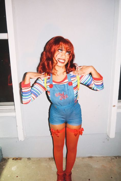 Women’s Chucky Costume Diy, Chunky Costume Women, Chuckie Halloween Costume, Chucky Costume Women, Redhead Halloween Costumes Ideas, Costume Ideas Red Hair, Halloween Costumes Chucky, Red Head Halloween Costumes Women, Halloween Costumes For Gingers