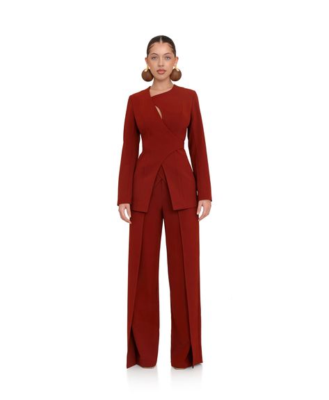 Classy Pants Outfits Formal, Wrap Blazer Outfit, Unique Suit Design, Graduation Suits For Women, Power Suits For Women, Graduation Suit, Stylish Office Wear, Corset Pants, Andrea Iyamah