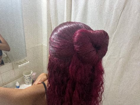 Half Up Half Down Heart Bun, Heart Bun Half Up Half Down, Burgundy Half Up Half Down Weave, Red Half Up Half Down, Vday Hair Styles, Heart Part Hairstyle, Half Up Half Down Bun Hairstyles, Half Up Half Down Bun, Donut Bun