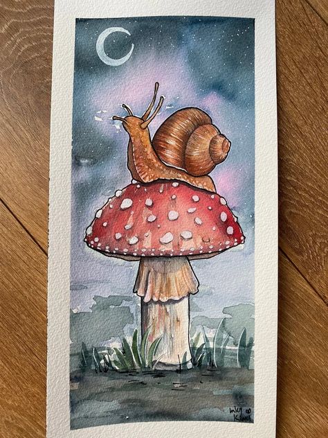 Stargazing Snail Watercolour Print. Cottagecore. Snail Art. - Etsy Watercolor Snail Paintings, Snail Painting Easy, Snail On Mushroom Drawing, Snail Painting Acrylic, Painting Ideas Cottagecore, Small Mushroom Painting, Cottage Core Painting Ideas, Fantasy Painting Ideas, Mushroom Fantasy Art