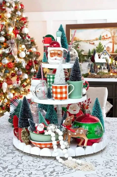 Christmas tiered tray with fun vintage decorations |Colorful Christmas Decorations by popular Canada Interior Design blog, Fynes Designs: image of a tiered tray filled with vintage Christmas decor. Christmas Decorations For Kitchen, Mint Green Christmas, Decorations For Kitchen, Green Christmas Decorations, Christmas Tiered Tray, Vintage Decorations, Handmade Holiday Gifts, Tray Ideas, Handmade Christmas Crafts