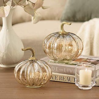 Fall Apartment Decor, Neutral Fall Decor, Cozy Fall Decor, Fall Deco, Fall Thanksgiving Decor, Stacked Pumpkins, Grandin Road, Harvest Decorations, Glass Pumpkins