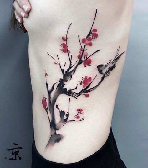 京刺青 𝐉𝐢𝐧𝐠 · 𝐉𝐚𝐦𝐞𝐬 on Instagram: “Cherry blossom Thanks for your trust @gracejin.09 - Oriental Watercolor ink stroke style - Chinese ink brush Custom design only. For…” Coi Fish Cherry Blossom Tattoo, Chinese Painting Style Tattoo, Crow Cherry Blossom Tattoo, Bird Cherry Blossom Tattoo, Abstract Cherry Blossom Tattoo, Chinese Ink, Ink Brush, Brush Strokes, Maple Leaf Tattoo