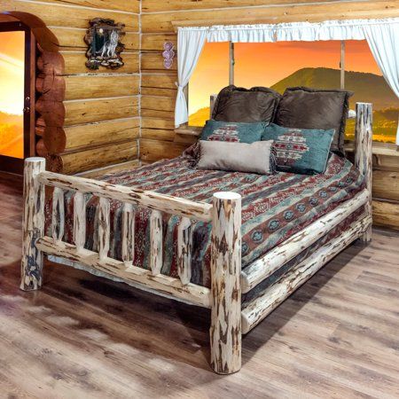 California King Platform Bed, Log Bed, Table Woodworking, Bed Stand, Bed Platform, Bed Wood, King Platform Bed, Slatted Headboard, Upholstered Panel Bed