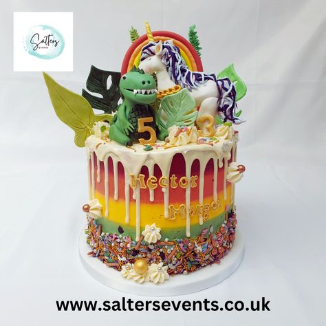 This joint birthday cake was such fun to make. Unicorns, dinosaurs, and rainbows aren't your typical cake combination, but it was great to get so creative. Swapping pastel for primary colours and even mixing dinosaur and unicorn sprinkles with gold, bronze and silver sprinkles to tie it all in. #saltersevents #cakeartist #cakedecorator #dinosaurcake #unicorncake #birthdaycake #rainbowcake Dinosaur Unicorn Cake, Rainbow Dinosaur Cake, Wedding Cake Quotes, Cupcake Quotes, Silver Sprinkles, Twin Birthday Cakes, Unicorn Sprinkles, Religious Cakes, Cake Quotes