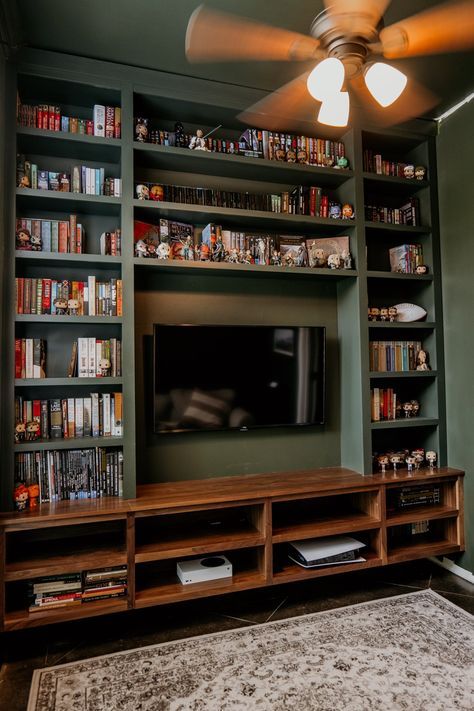 Bookshelves Entertainment Center, Media Center Bookshelves, Wood Shelves Entertainment Center, Diy Tv Stand Bookshelf, Book Shelf Entertainment Center, Tv In Shelves, Closet Turned Into Entertainment Center, Tv Wall Decor With Bookshelf, Tv Room Library