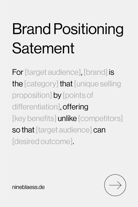 Image shows a template for a brand positioning statement: "For [target audience], [brand] is the [category] that [unique selling proposition] by [points of differentiation], offering [key benefits] unlike [competitors] so that [target audience] can [desired outcome]." Its linking back to my article "18 Brand Positioning Examples to Inspire Your Brand Strategy" #Marketing #Differenciation Positioning Statement, Brand Positioning Statement, Branding Checklist, Business Strategy Management, Meal Kit Delivery Service, Brand Marketing Strategy, Brand Positioning, Business Branding Inspiration, Startup Business Plan