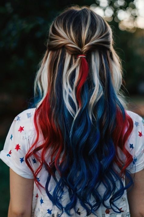 Back view of a girl with long, wavy hair featuring red, white, and blue highlights for a festive 4th of July look. Red Hair With Blue Underneath, Red White And Blue Hairstyles, White And Blue Highlights, Patriotic Hairstyles, Red And Blue Hair, Red White And Blue Hair, Blue And Red Hair, White And Blue Hair, Blue Hair Highlights