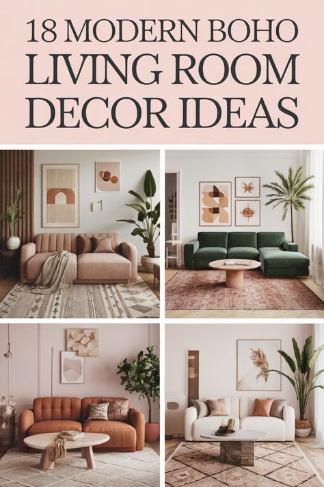 Collage of modern boho living room designs featuring neutral furniture and decor. Boho Living Room Wall Decor Ideas, Boho Glam Living Room, Victorian Living Room Decor, Modern Boho Living Room Decor, Boho Living Room Decor Ideas, Western Living Room Decor, Organic Modern Living Room, Cozy Textiles, Modern Boho Living Room