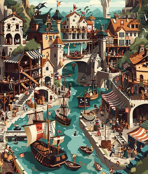 Historical City Scene: Golden Age of Piracy Era with Pirate Flags Pirate Scene, Pirate Cove, Pirate City, Pirate Town, Golden Age Of Piracy, Inspirational Digital Art, Pirate Games, Pirate Flag, Historical Illustration